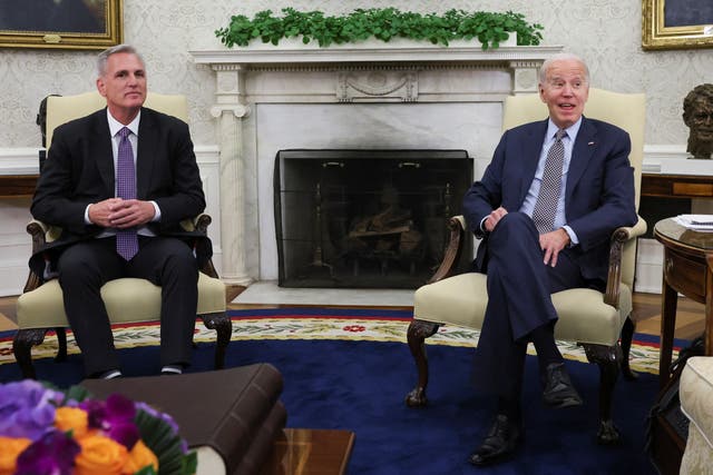 <p>President Joe Biden hosts debt limit talks with House Speaker Kevin McCarthy (R-CA) in the Oval Office at the White House in Washington</p>