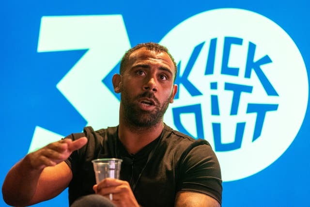Anton Ferdinand speaks at the Kick It Out 30th anniversary event at Wembley Stadium (Steven Paston/PA)