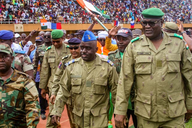 <p>Members of the military council that staged a coup in Niger, pictured here at the weekend in Niamey</p>