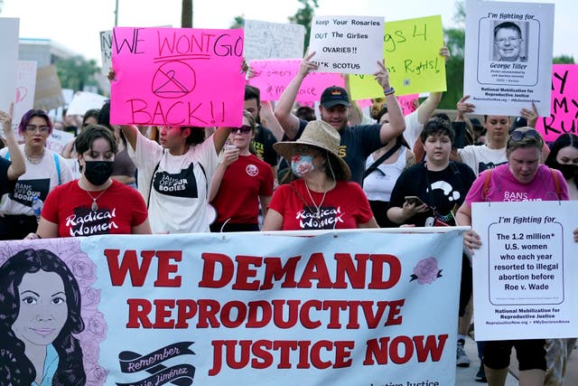 <p> Protesters march around the Arizona Capitol after the Supreme Court decision to overturn the landmark Roe v. Wade abortion decision June 24, 2022, in Phoenix</p>