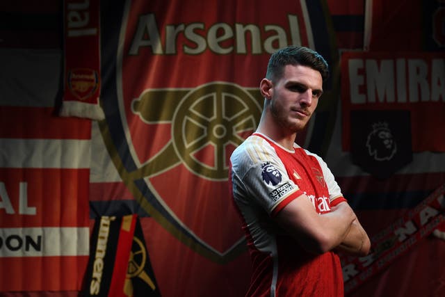 <p>Declan Rice of Arsenal poses during the Arsenal men's team photocall at London Colney</p>