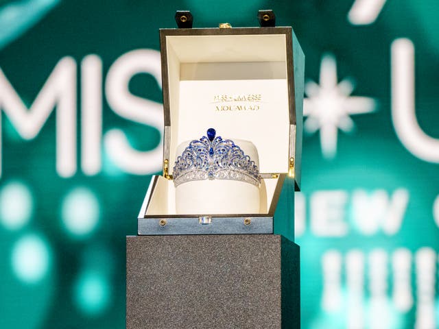 <p>A general view of the Miss Universe titleholder crown ‘Force for Good’ during the crown unveiling press conference at the New Orleans Morial Convention Center seen in this photo from January 2023 </p>