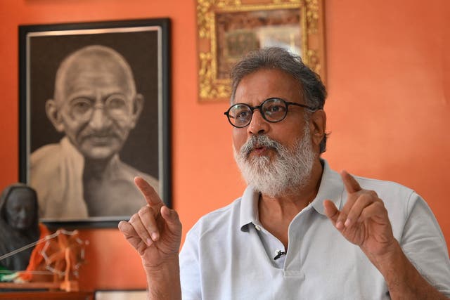 <p>Indian author Tushar Gandhi, who is the great-grandson of Mahatma Gandhi, speaks during an interview at his home in Mumbai</p>