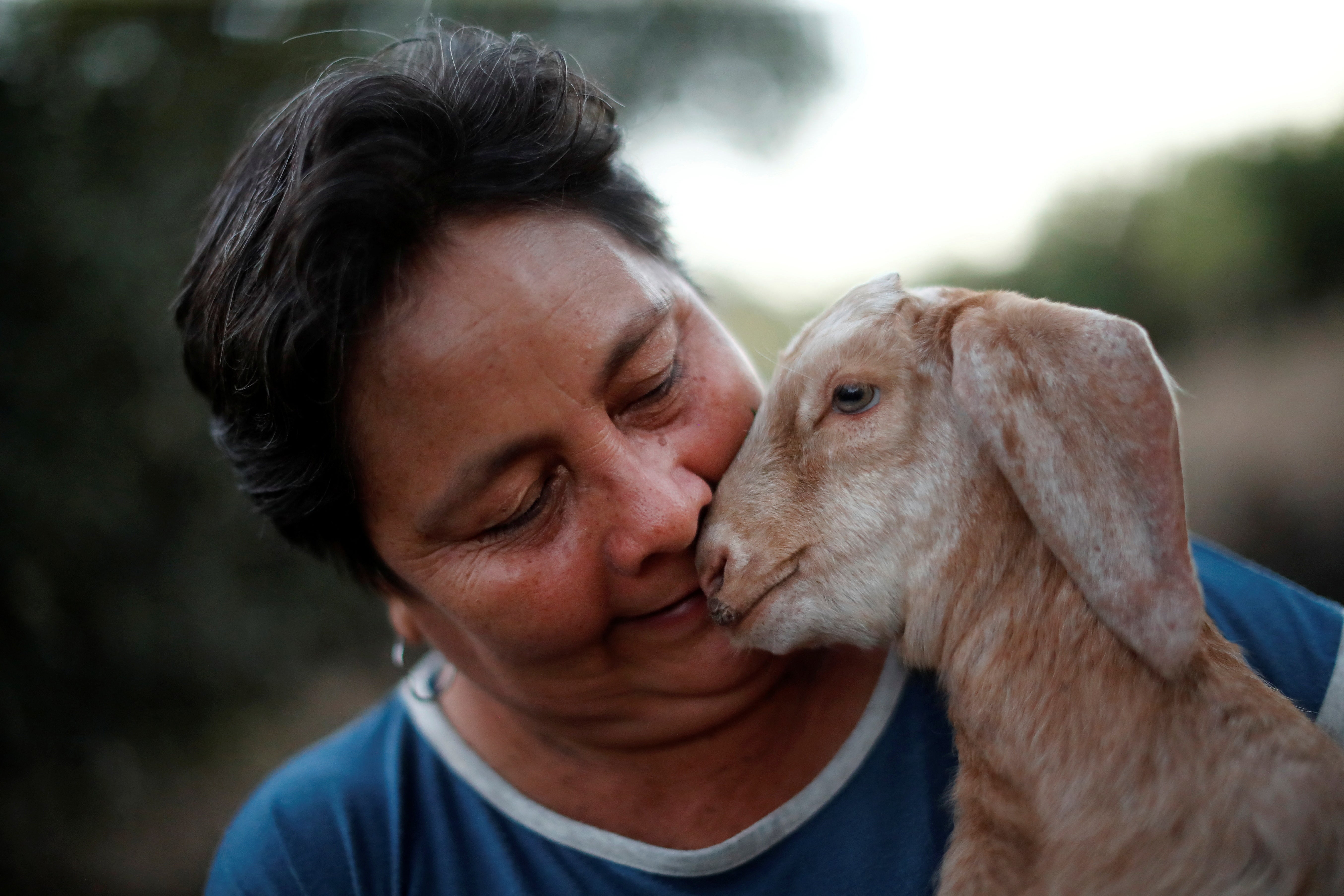 <p>Teofila Palma holds a goat which she raises for meat, on her farm, in Pozo del Mortero, Formosa, Argentina</p>