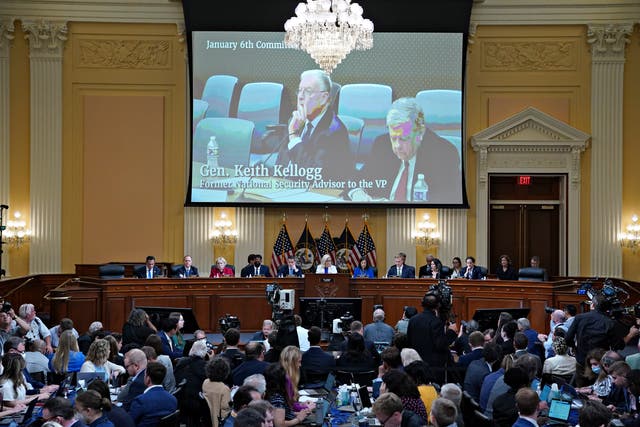 <p>A video of Keith Kellogg, former national security adviser to US Vice President Mike Pence, left, is displayed on a screen during a hearing of the Select Committee to Investigate the January 6th Attack on the US Capitol on July 21, 2022 in Washington, DC.</p>