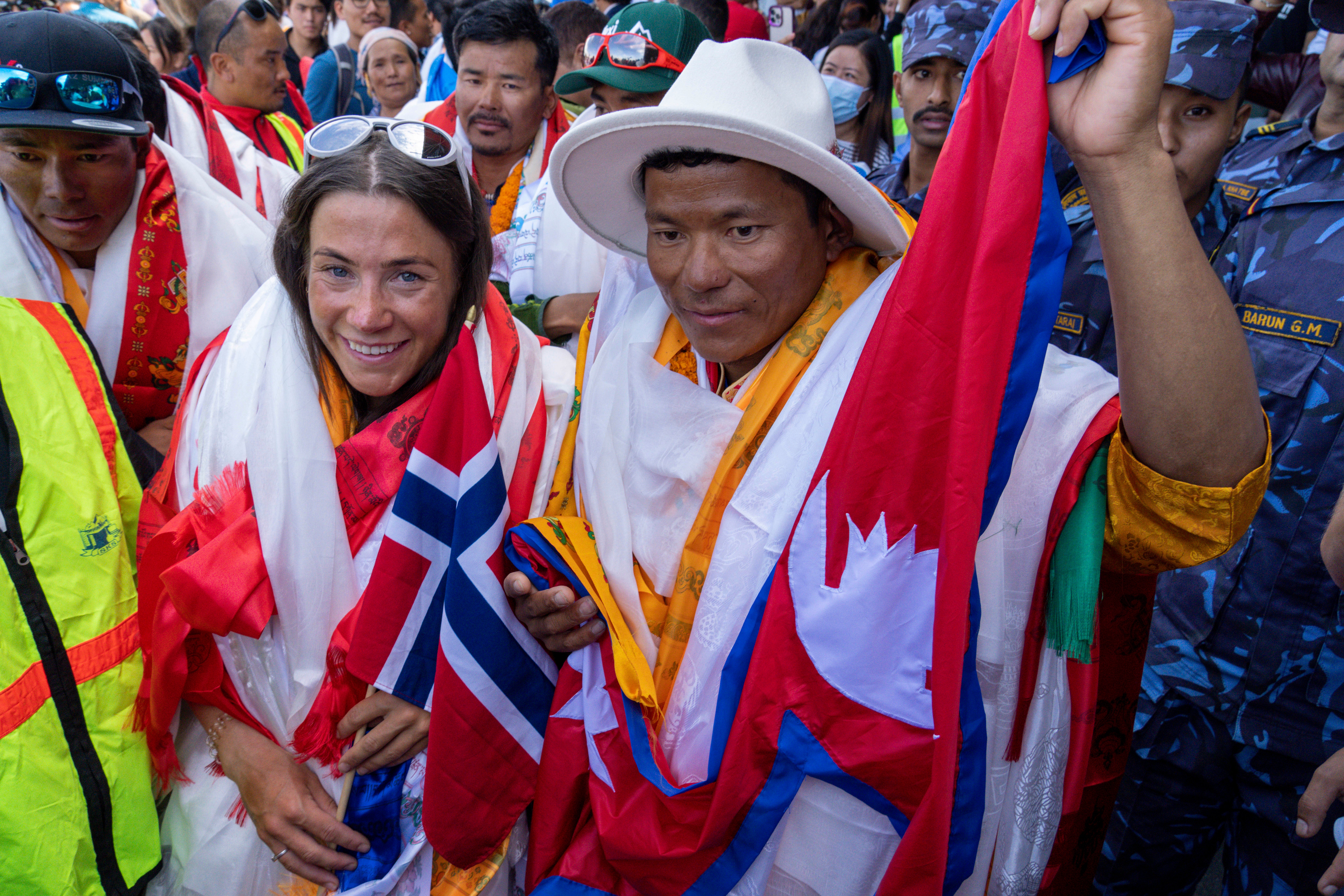 Norwegian climber Kristin Harila, left, and her Nepali guide Tenjen Sherpa