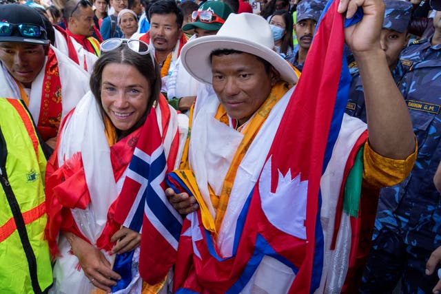 <p>Norwegian climber Kristin Harila, left, and her Nepali guide Tenjen Sherpa</p>
