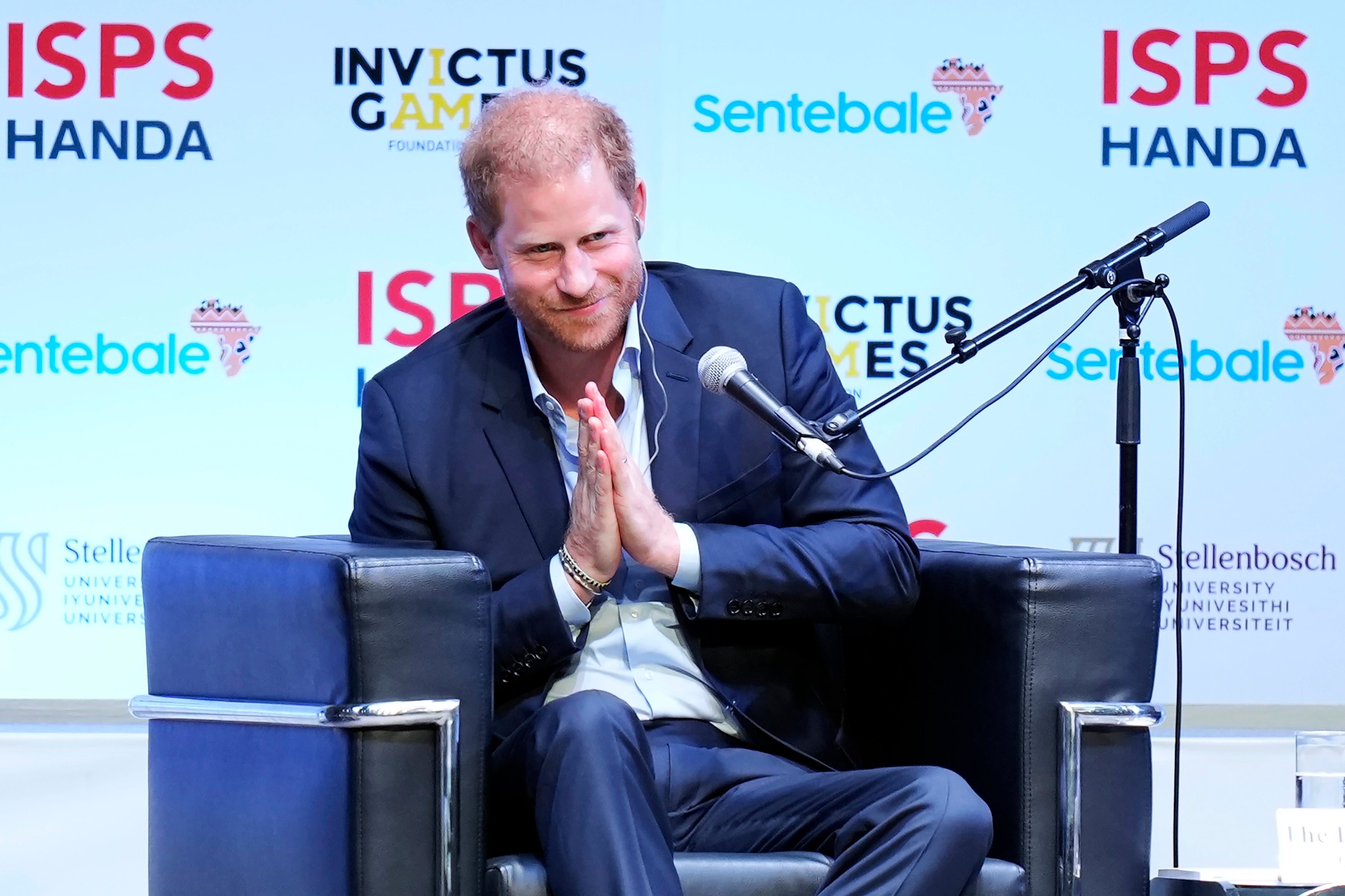 Prince Harry gestures as he speaks during an event organized by the International Sports Promotion Society (ISPS) Wednesday, Aug. 9, 2023