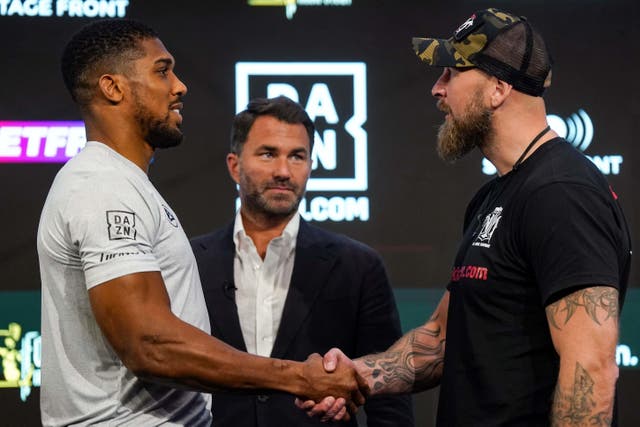 Anthony Joshua and Robert Helenius at London’s press conference (Nick Potts/PA)