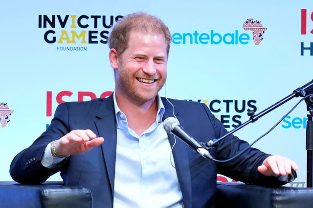 <p>Prince Harry smiles as he speaks during an event organized by the International Sports Promotion Society (ISPS) Wednesday, Aug. 9, 2023</p>