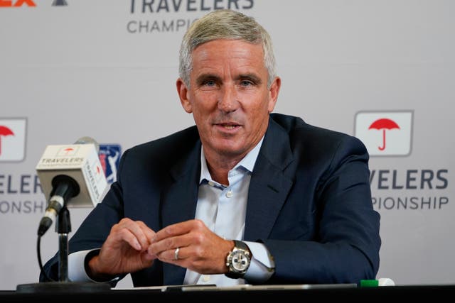 <p>PGA Tour Commissioner Jay Monahan speaks during a news conference </p>