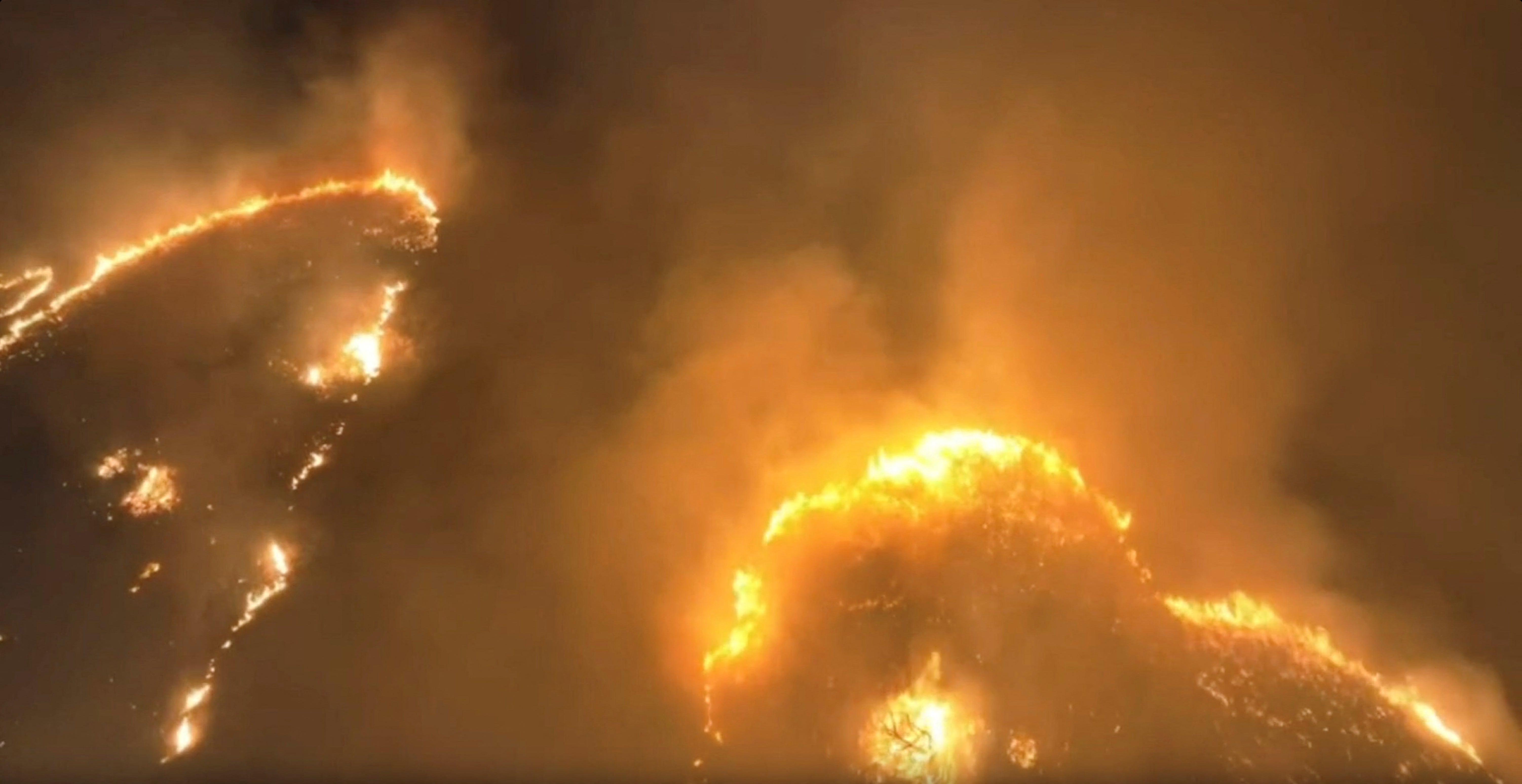 An aerial view of a wildfire in Kihei, Maui County, Hawaii