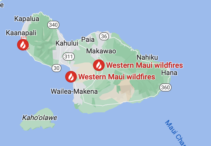 Wildfires are raging in three areas on the Hawaiian island of Maui
