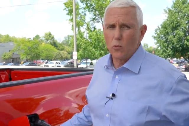 <p>Former Vice President pretends to pump gas during a campaign ad pitching his ‘Pence Plan’ for energy</p>