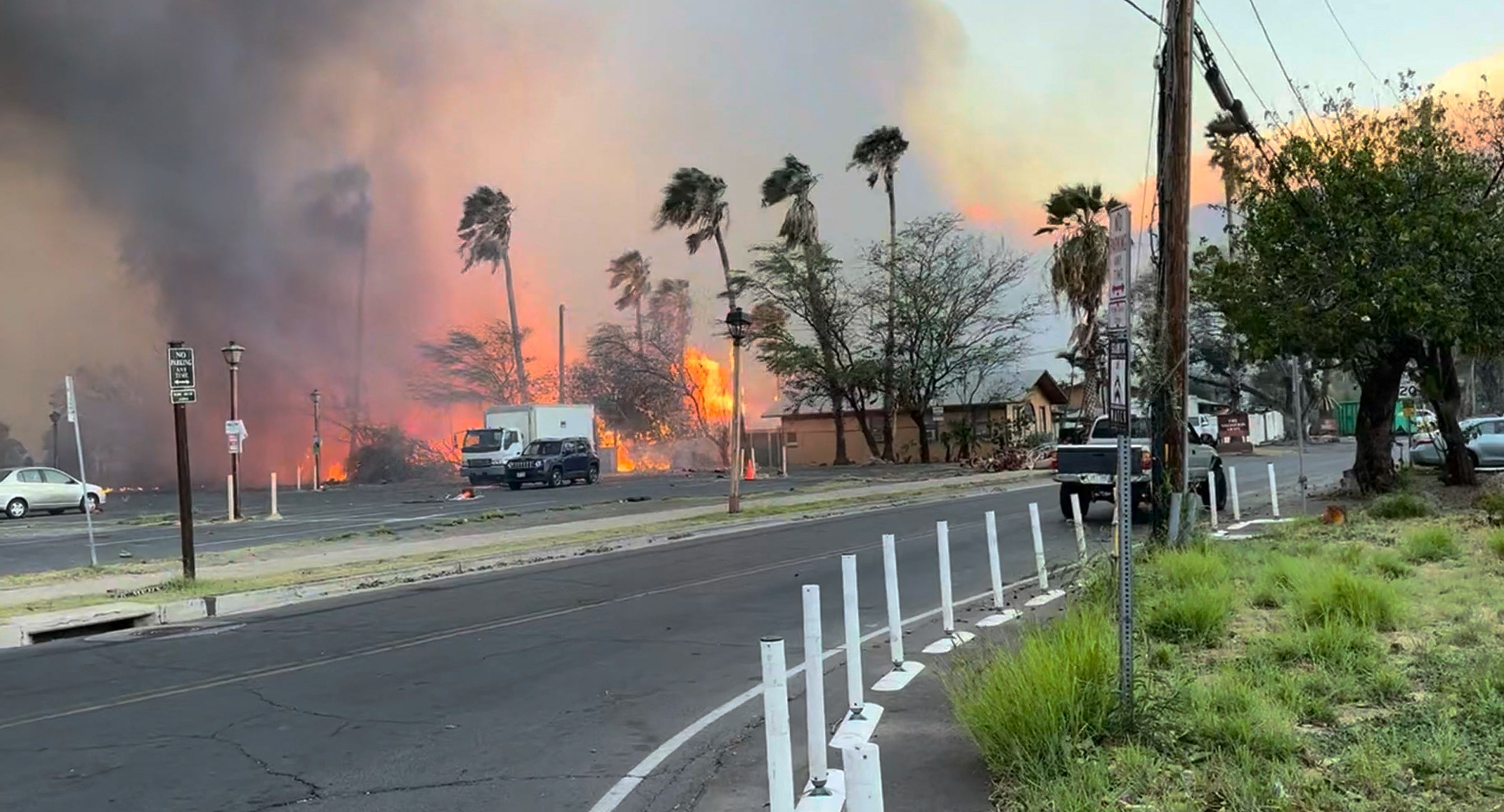 Smoke and flames rise in Lahaina, Maui County, Hawaii, U.S., August 8, 2023 in this still image from video obtained from social media