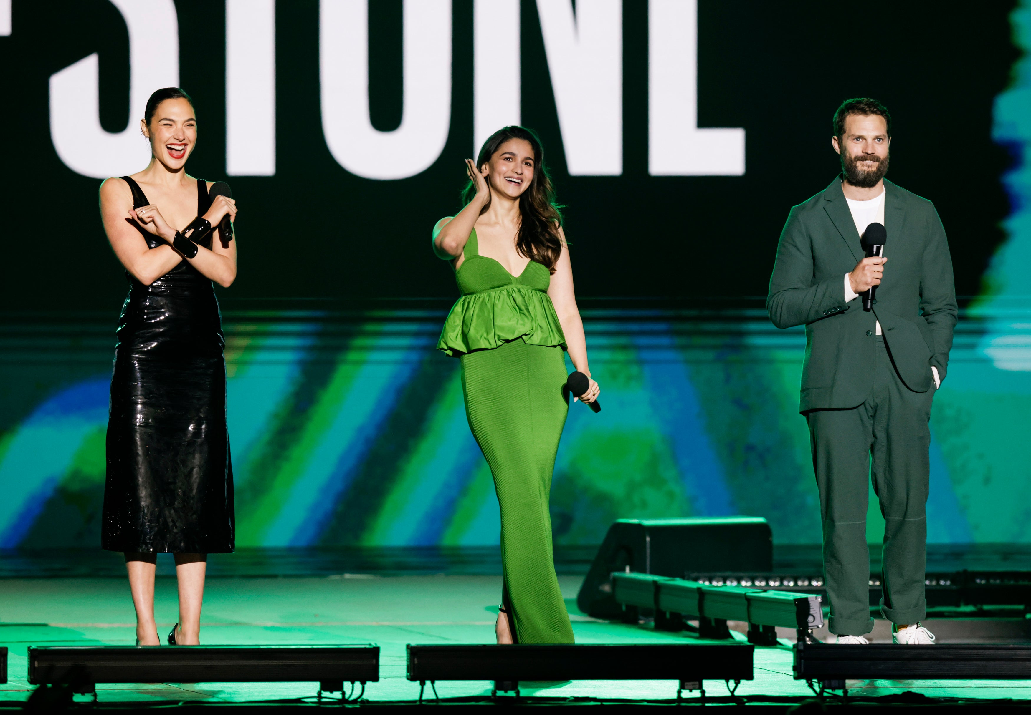 Gal Gadot, Alia Bhatt and Jamie Dornan speak during Netflix's Tudum: A Global Fan Event 2023