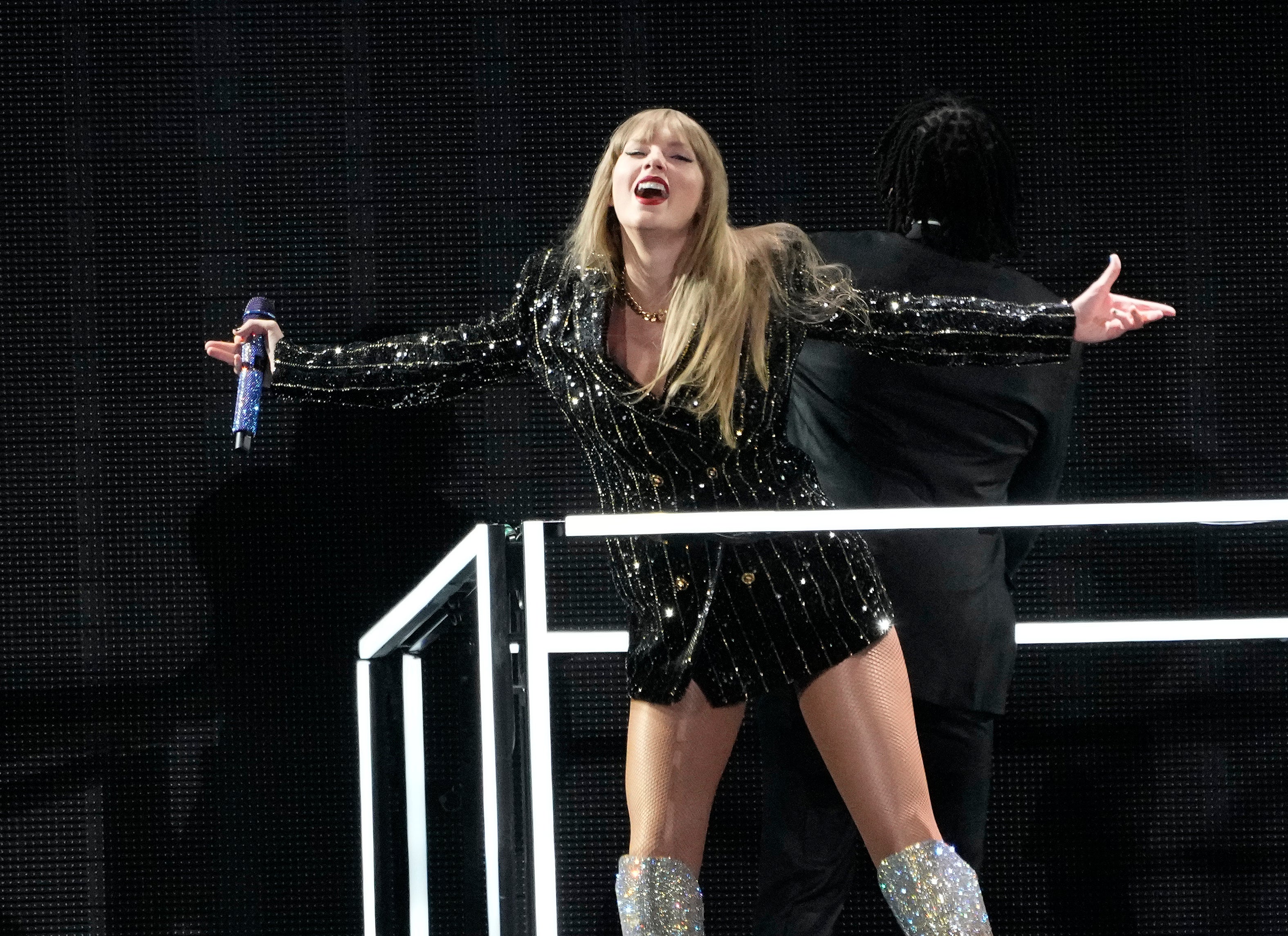 Taylor Swift performs on her The Eras Tour in Los Angeles