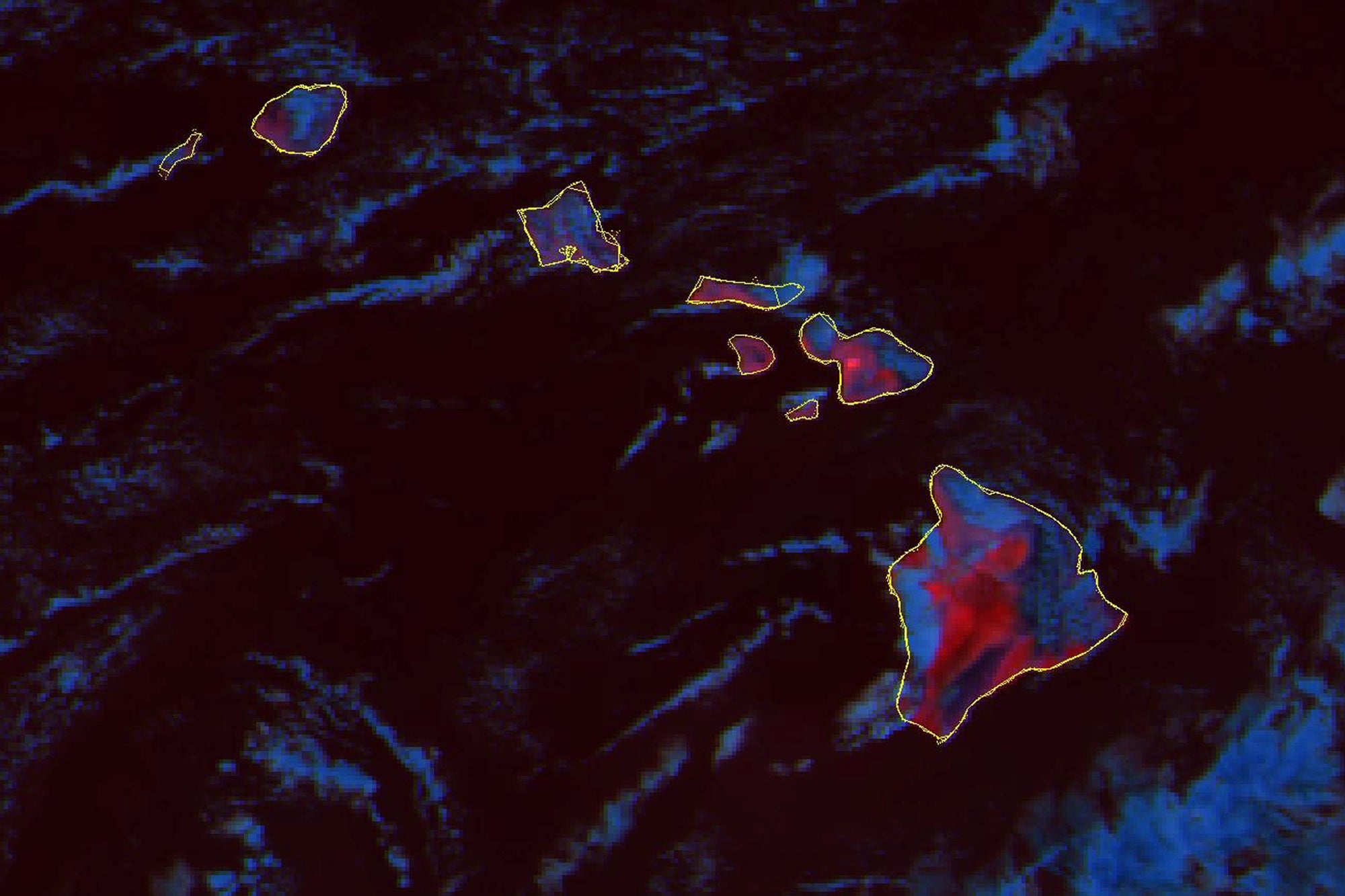 This GOES-18 fire temperature composite satellite image shows hot land surface temperatures in red on the Hawaii Islands