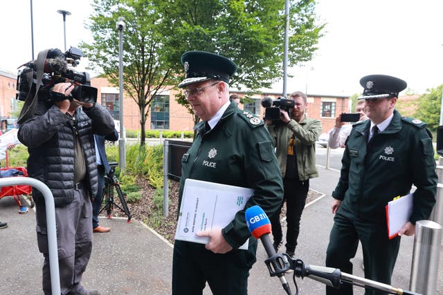 <p>PSNI Chief Constable Simon Byrne arrives for the emergency meeting (Liam McBurney/PA)</p>