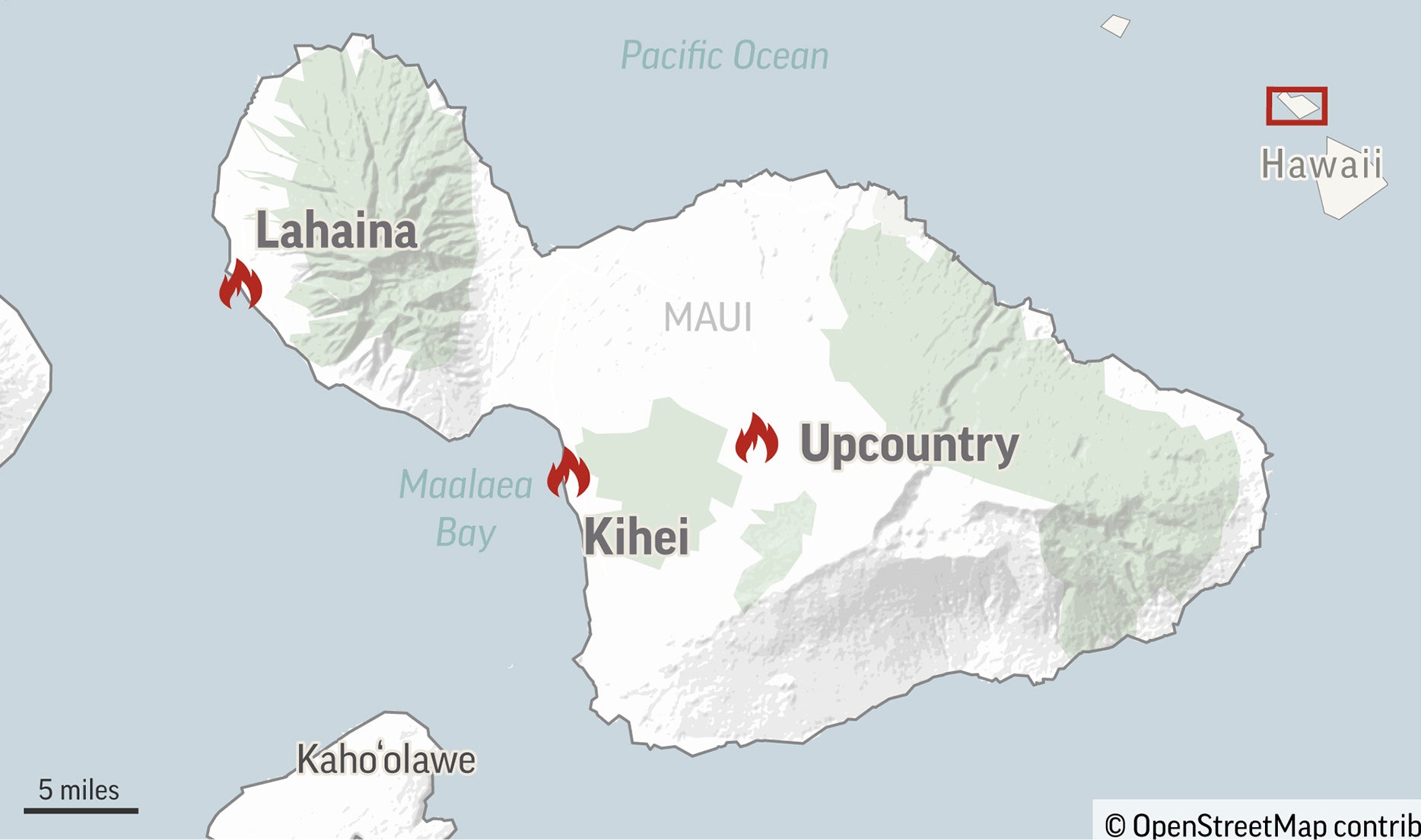 This graphic shows the location of fires on the island of Maui, Hawaii