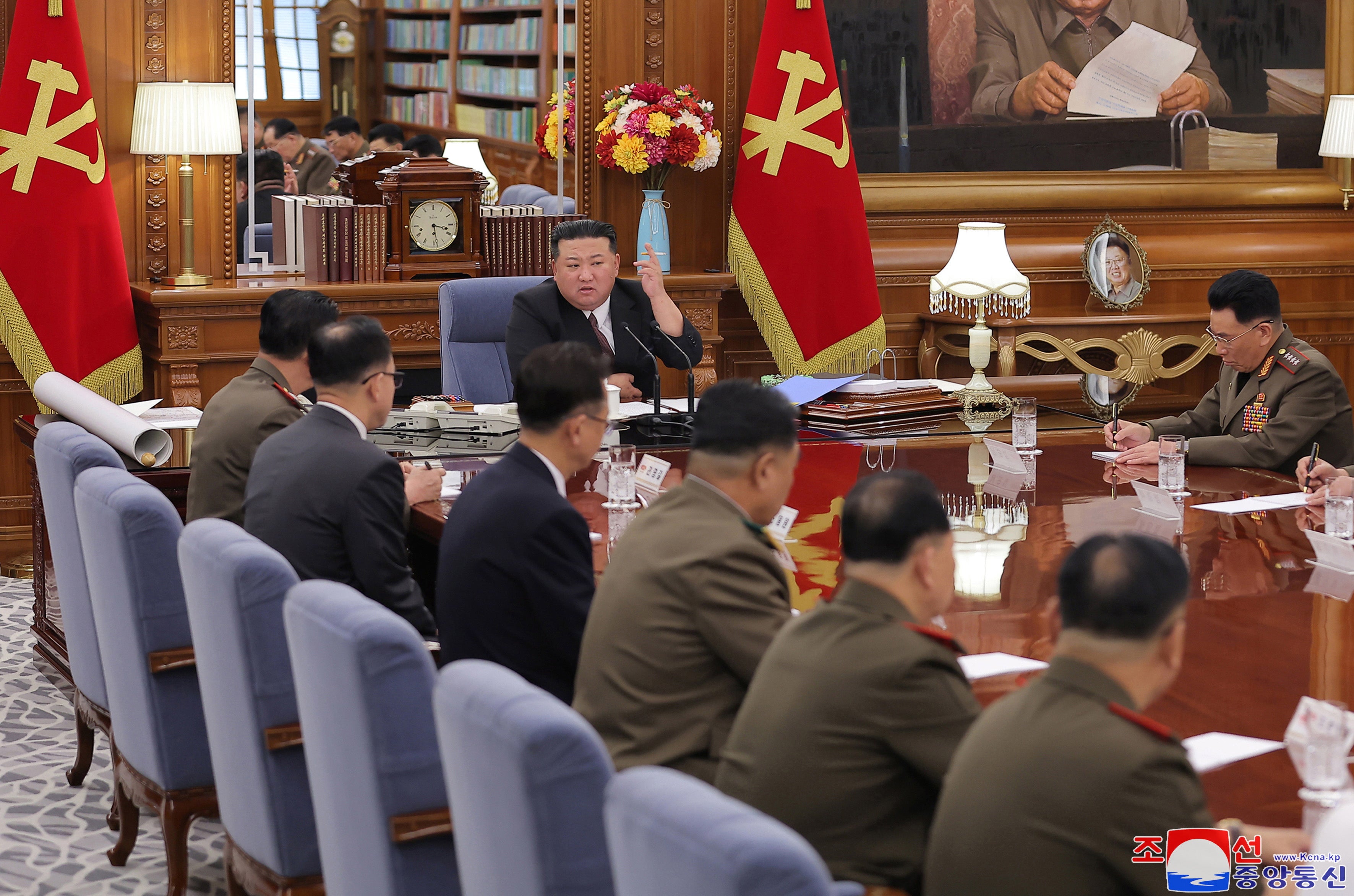 North Korean leader Kim Jong Un (centre) attending the 7th enlarged meeting of the Central Military Commission of the Workers' Party of Korea (WPK) in Pyongyang, North Korea, 09 August 2023