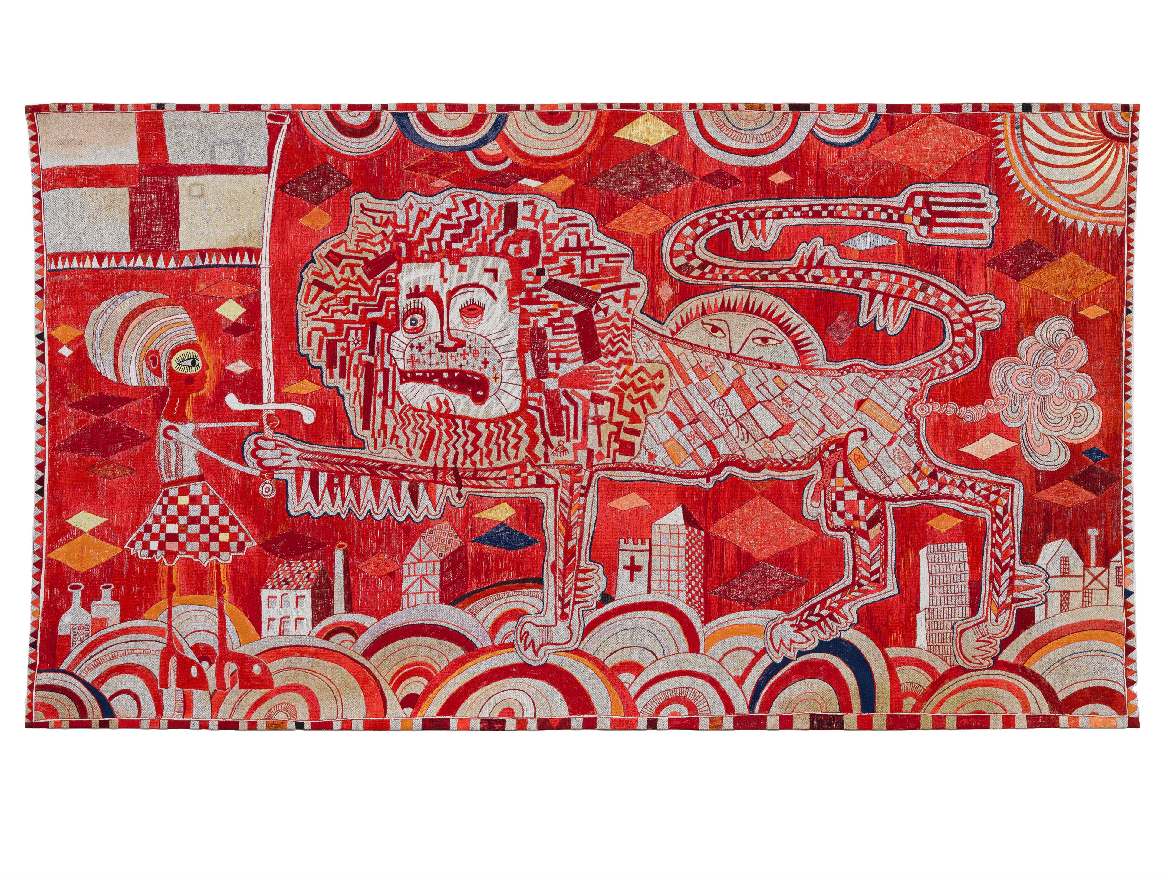 Sir Grayson Perry, Sacred Tribal Artefact, 2023, Tapestry, 200 x 350 cm 78 3/4 x 137 3/4 inches