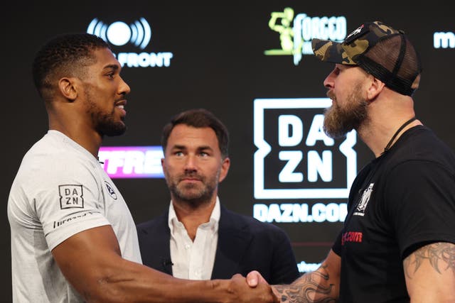 <p>Anthony Joshua, left, and Robert Helenius at their pre-fight press conference</p>