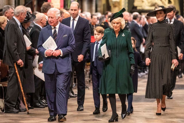 <p>King Charles, Prince William, Prince George, Queen Camilla, and Catherine, Princess of Wales, arrive to attend a Service of Thanksgiving for Prince Philip, Duke of Edinburgh, at Westminster Abbey in central London on March 29, 2022</p>