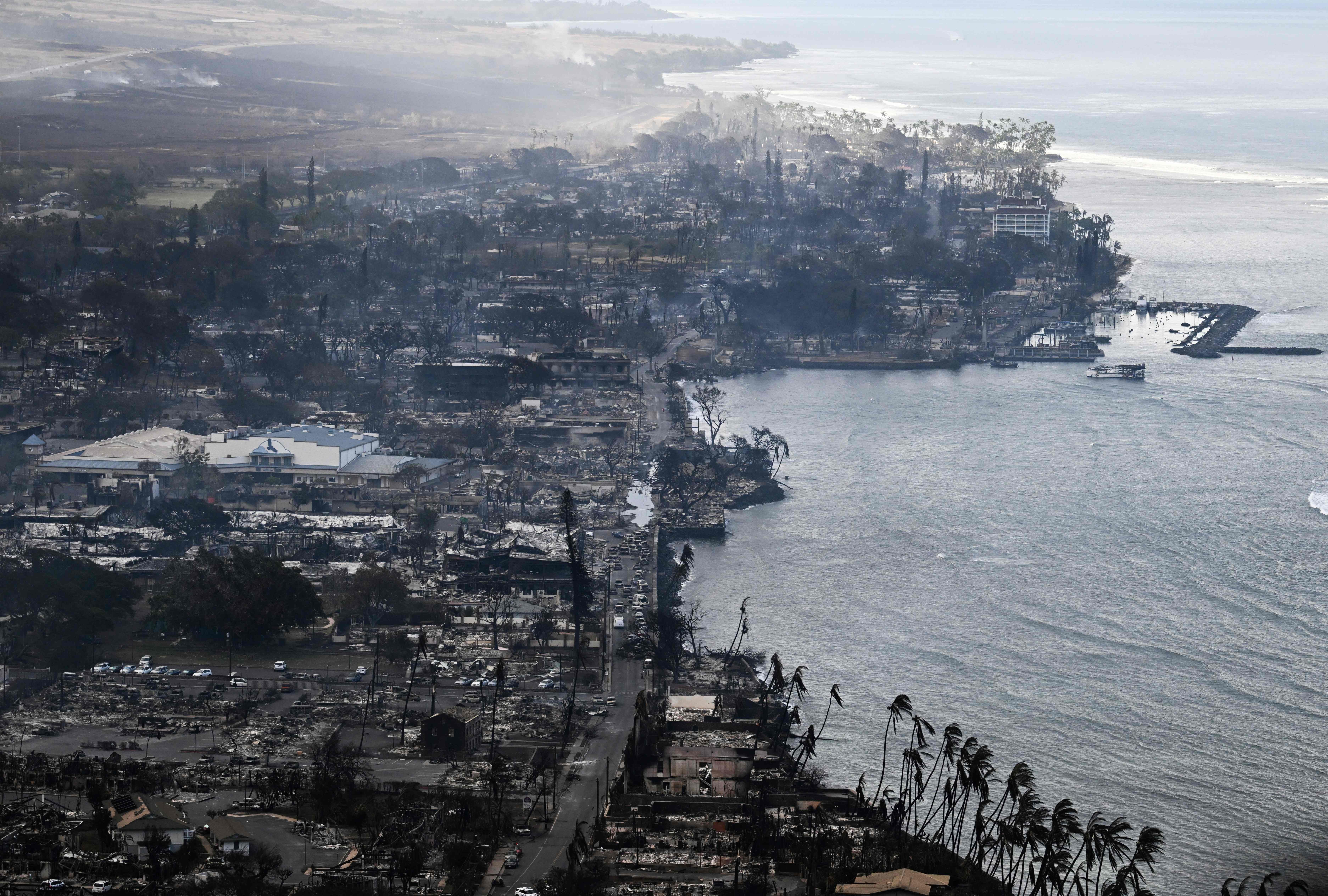 <p> An aerial view shows destroyed homes and buildings that burned to the ground around the harbor and Front Street in the historic Lahaina Town</p>