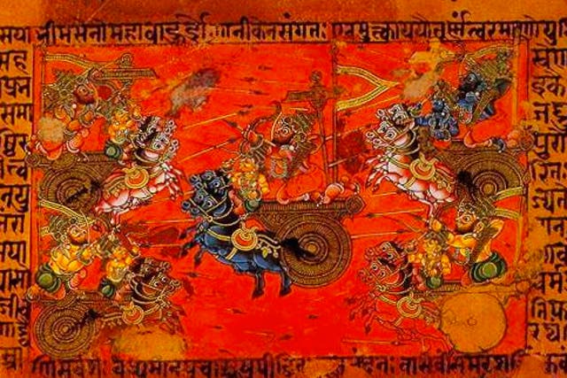 <p>A manuscript illustration, believed to be 18th century, of the Battle of Kurukshetra, as recorded in the ‘Mahabharata’ </p>