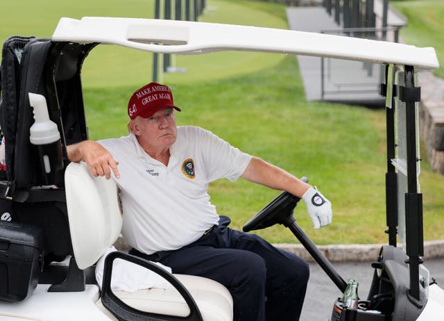 <p>Former US President Donald J. Trump participates in a Pro-Am tournament leading up to the upcoming LIVGolf tournament at Trump National Golf Club Bedminster</p>