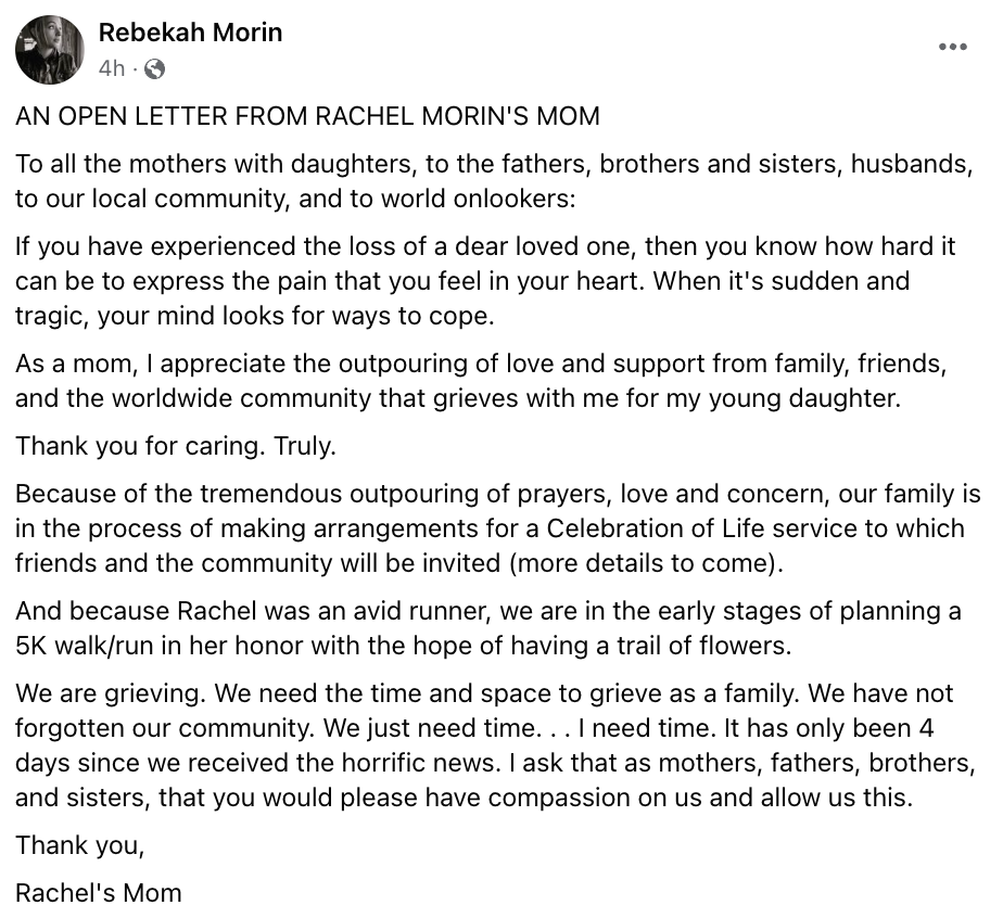 Morin’s mother breaks her silence with a post on Facebook asking compassion and time to grieve