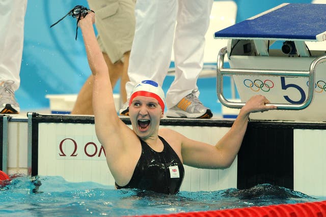 Rebecca Adlington celebrates winning the women’s 400m freestyle final in Beijing (PA)