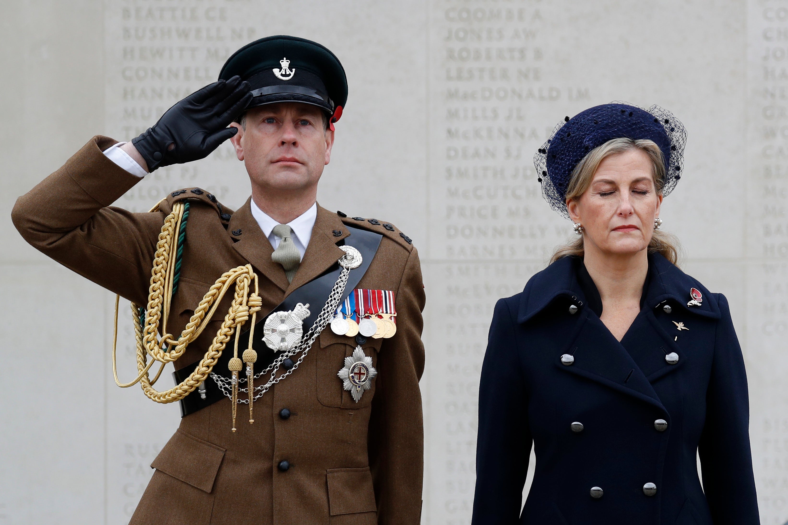 Prince Edward, Duke of Edinburgh and Sophie, Duchess of Edinburgh, attend a service on the Armed Forces Memorial during Armistice Day commemorations at the National Memorial Arboretum on November 11, 2020