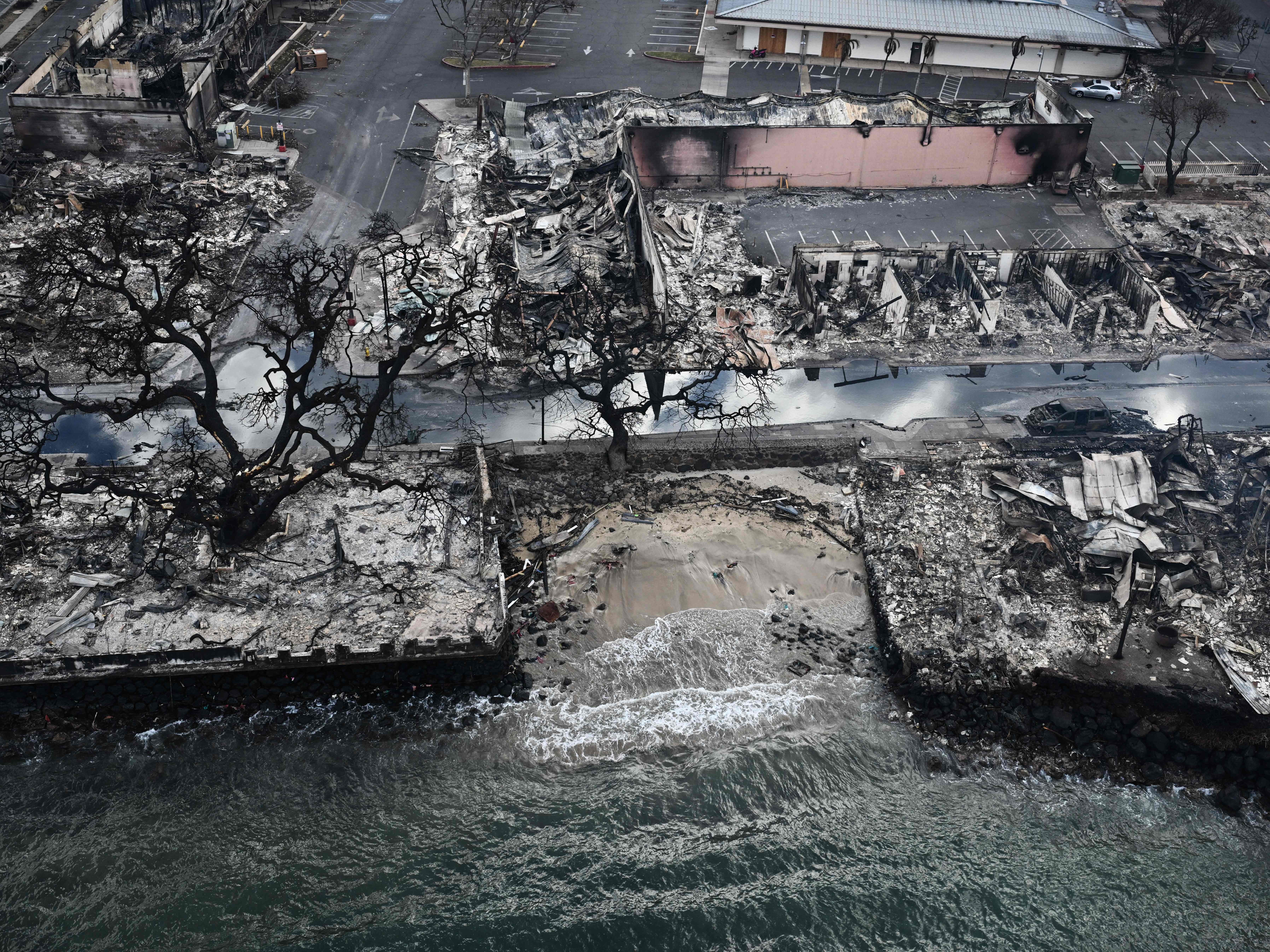 Destroyed homes and buildings on the waterfront in Maui