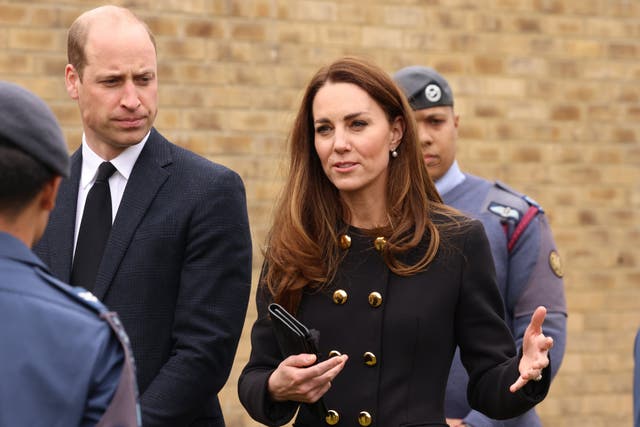 <p>Prince William, Duke of Cambridge and Catherine, Duchess of Cambridge, wearing black as a mark of respect following the Duke of Edinburgh’s passing, visit 282 East Ham Squadron, Air Training Corps in East London on April 21, 2021</p>