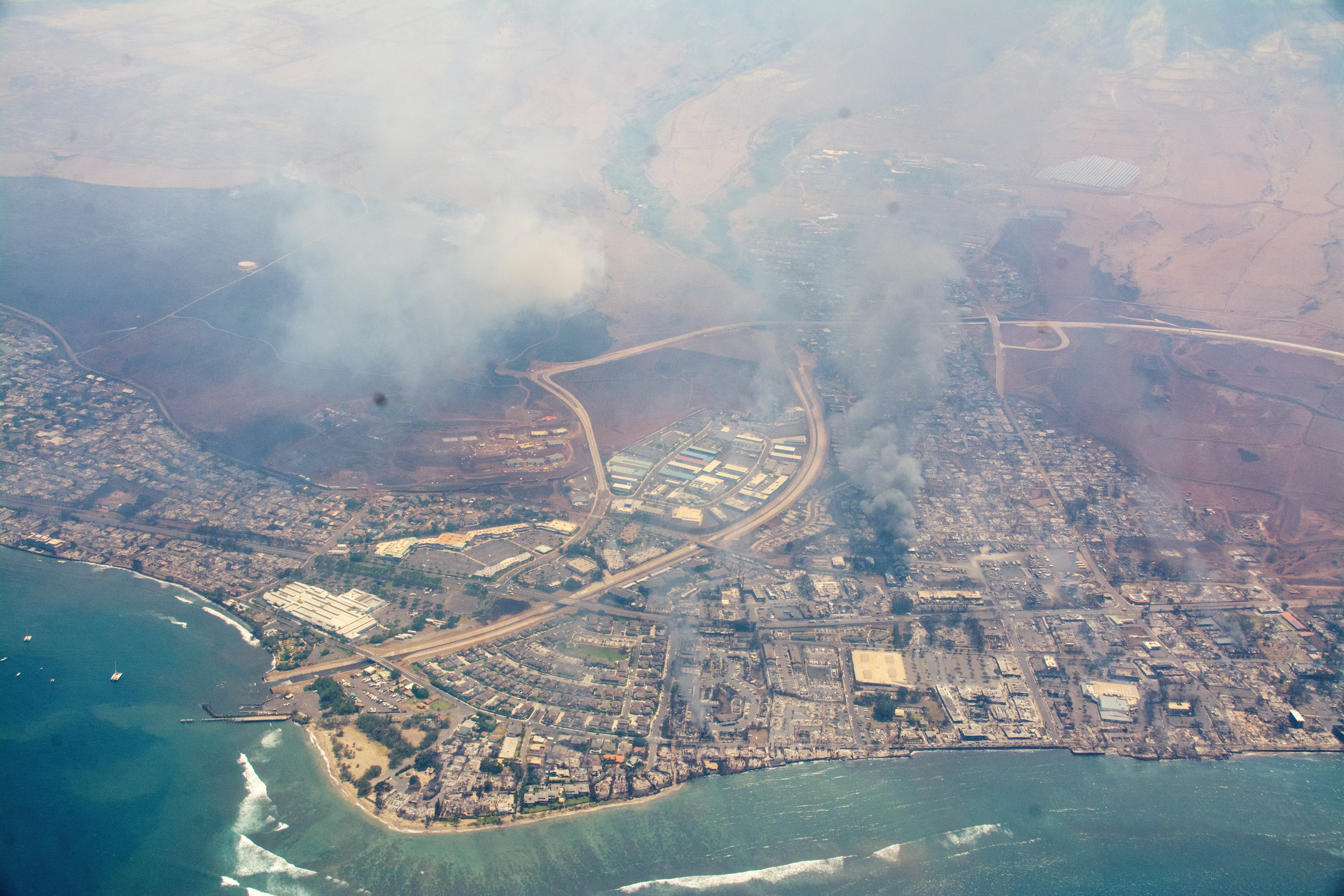 An aerial view of the destruction wrought in Maui