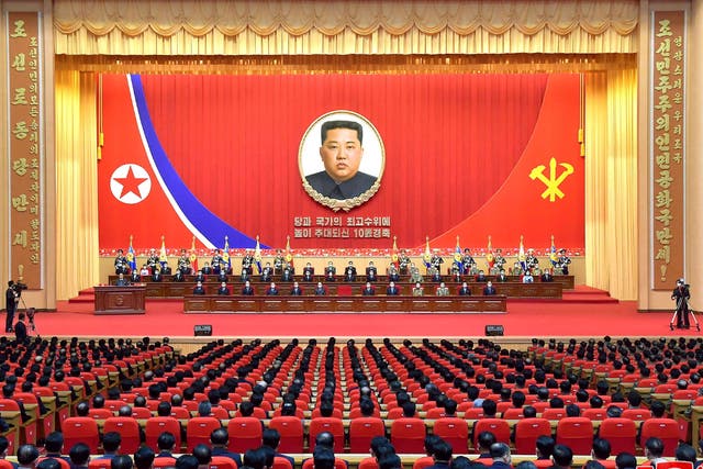 <p>A portrait of North Korea’s leader Kim Jong Un is displayed at a national meeting to commemorate Kim’s 10-year anniversary as head of the country’s ruling Workers’ Party of Korea (WPK) in Pyongyang</p>