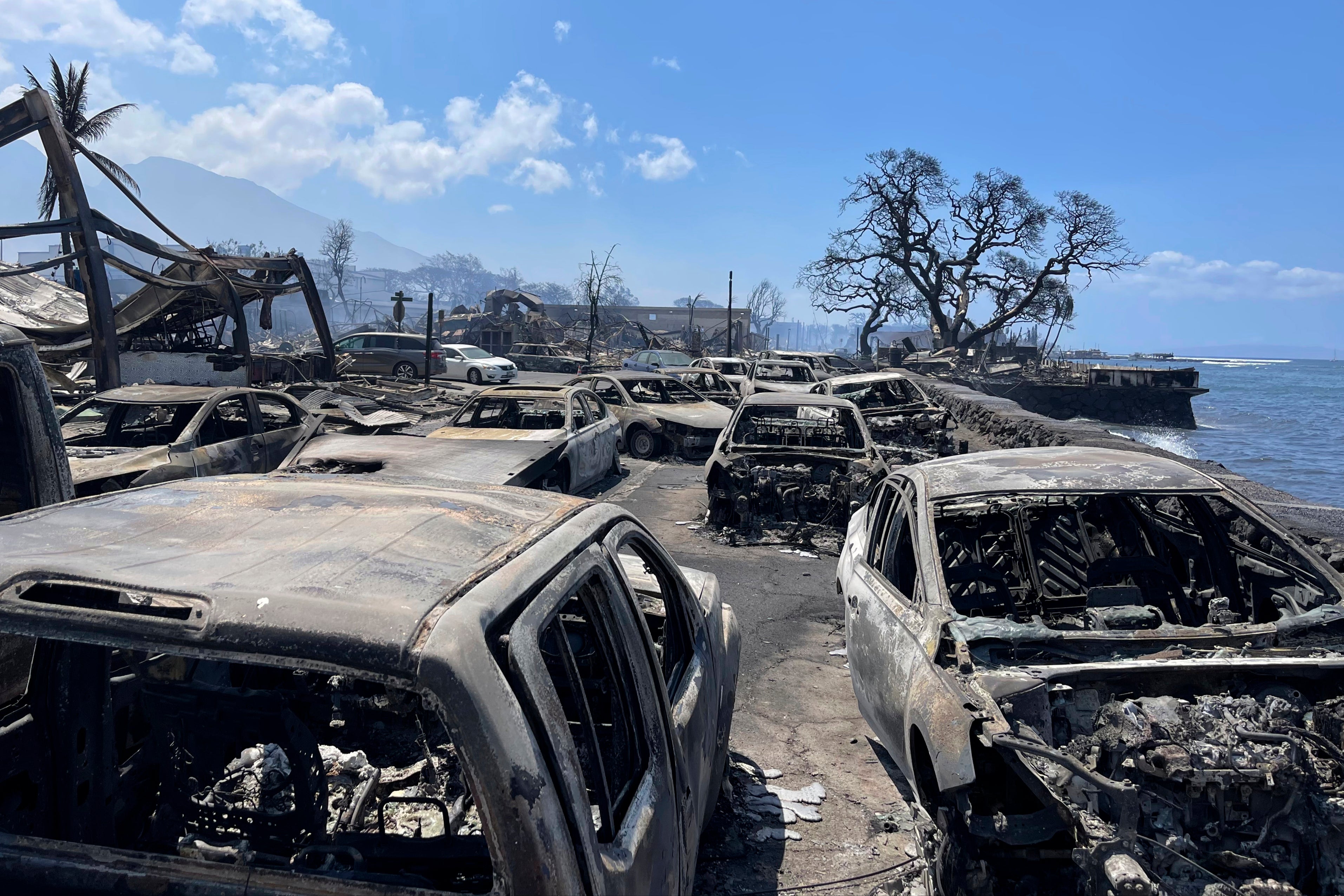 In this photo provided by Tiffany Kidder Winn, burned-out cars sit after a wildfire raged through Lahaina, Hawaii, on Wednesday, Aug. 9, 2023.