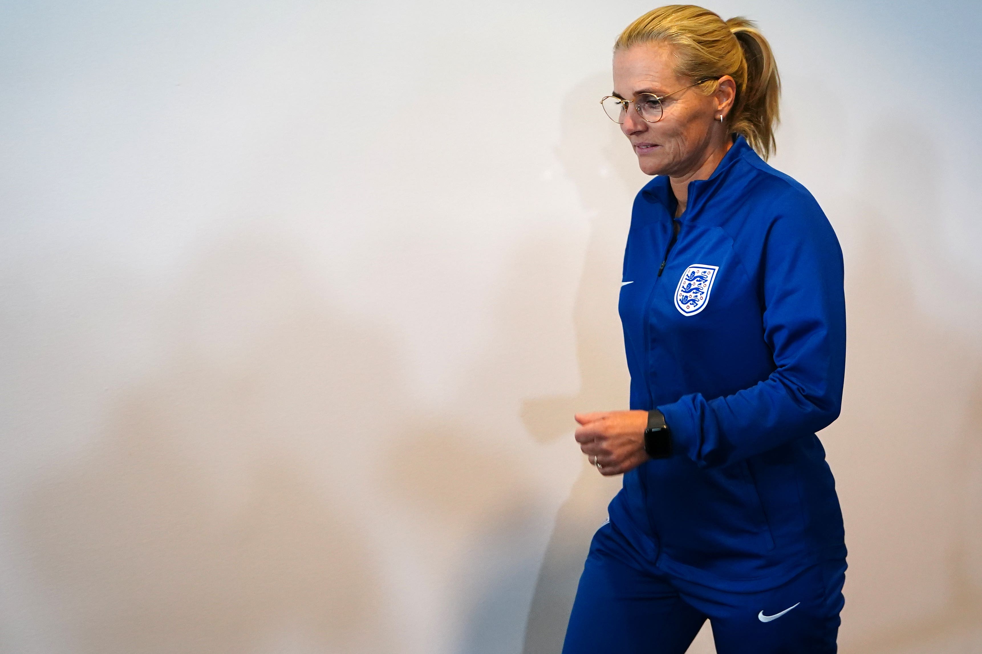 England head coach Sarina Wiegman arrives for a press conference at Stadium Australia, Sydney (Zac Goodwin/PA)