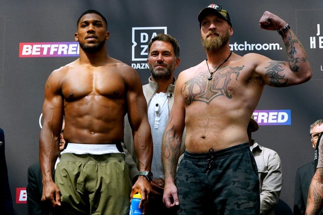 Anthony Joshua faces late stand-in Robert Helenius, right, at (Nick Potts/PA)