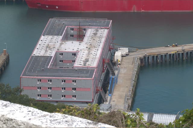 <p>Screen grab taken from PA Video of the Bibby Stockholm accommodation barge at Portland Port in Dorset (John Gurd/PA)</p>