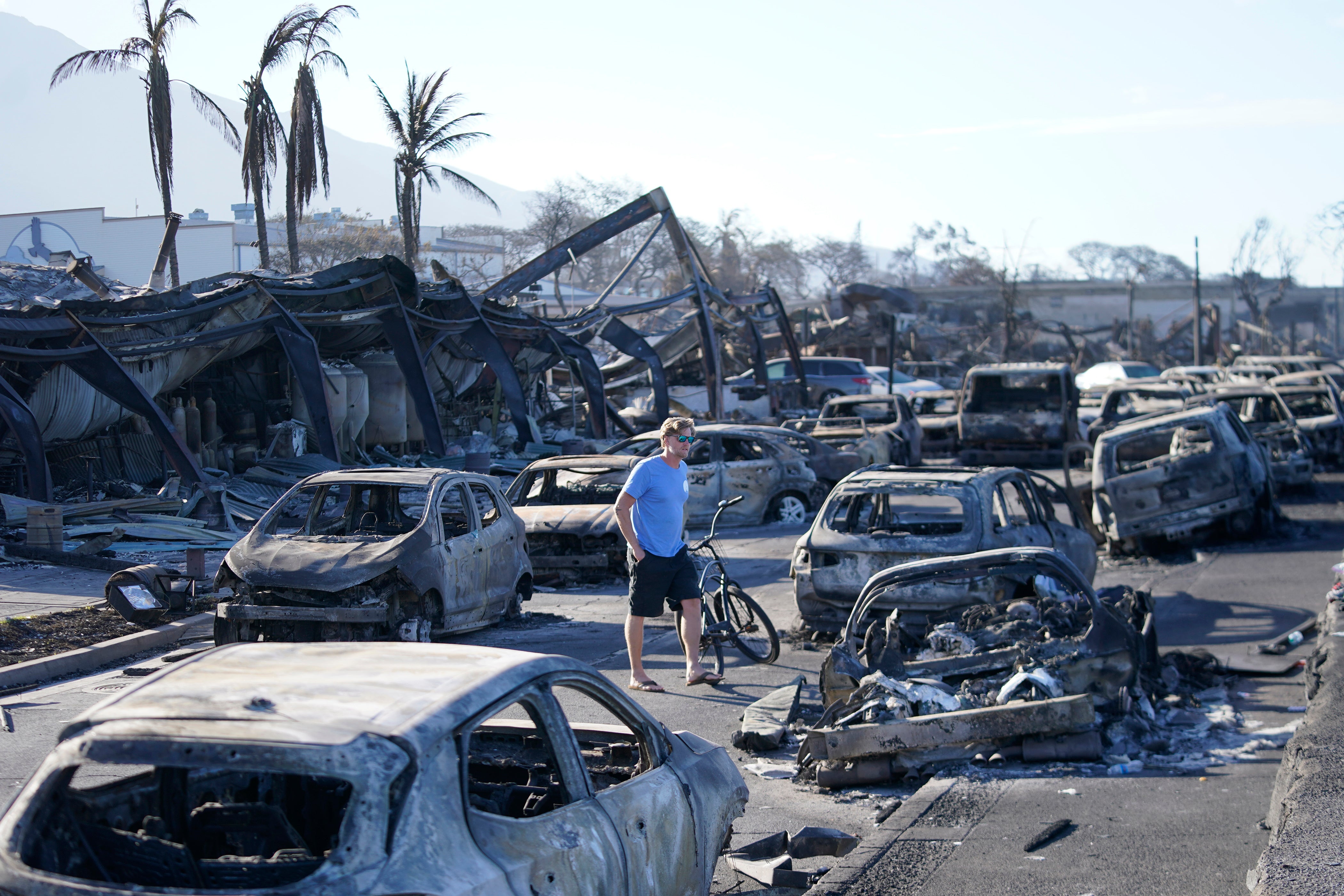 <p>A man walks through wildfire wreckage in Lahaina, Hawaii</p>