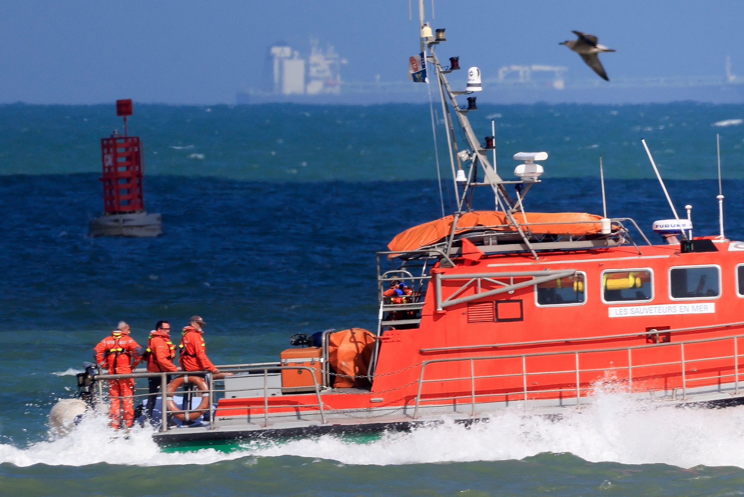 ‘Notre Dame du Risban’, an SNSM lifeboat, enters the port of Calais following a rescue operation after a migrant boat trying to cross the Channel from France capsized