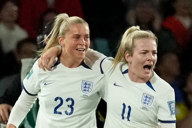 <p>England’s Lauren Hemp celebrates after scoring during the Women’s World Cup quarter-final</p>