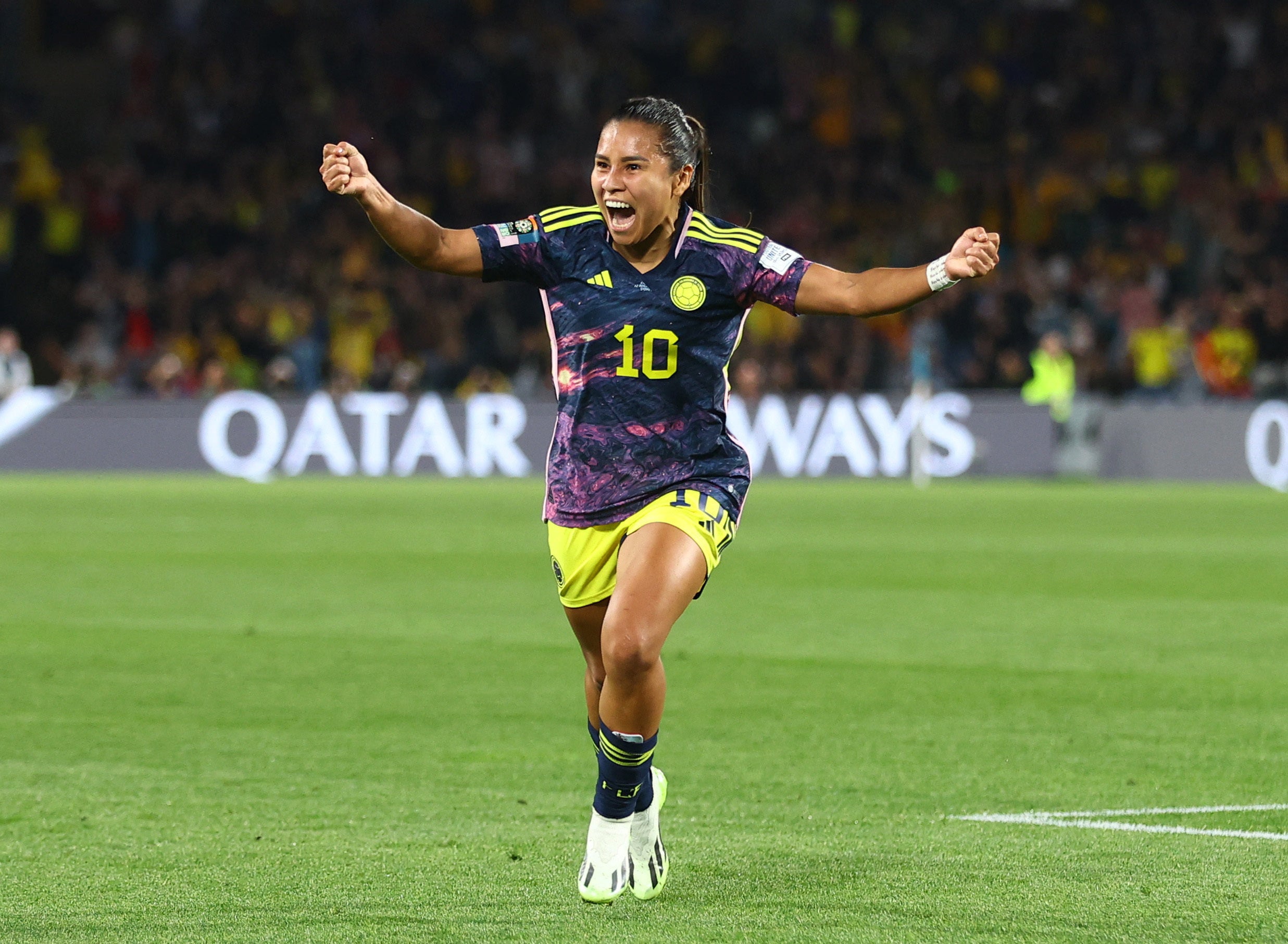 Colombia’s Leicy Santos celebrates scoring on 44 minutes