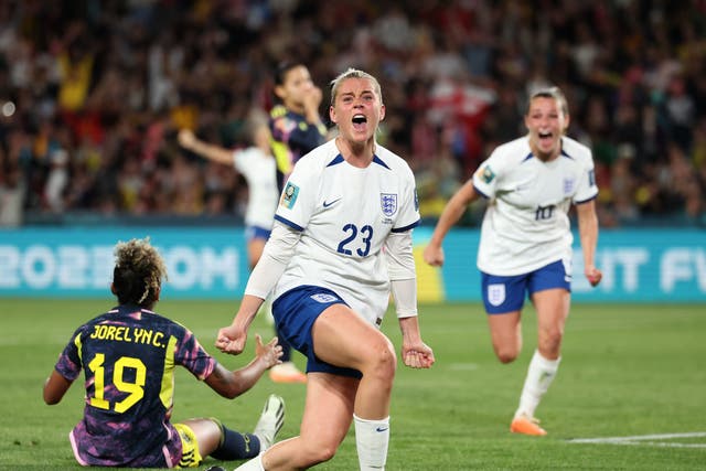 <p>Alessia Russo celebrates scoring the winning goal against Colombia </p>