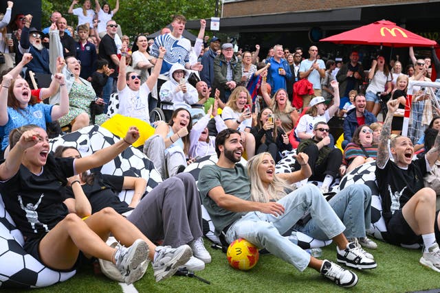 Love Island winners Jess Harding and Sammy Root were among the fans cheering on England against Colombia at a screening in St Albans (Jeff Spicer/PA)