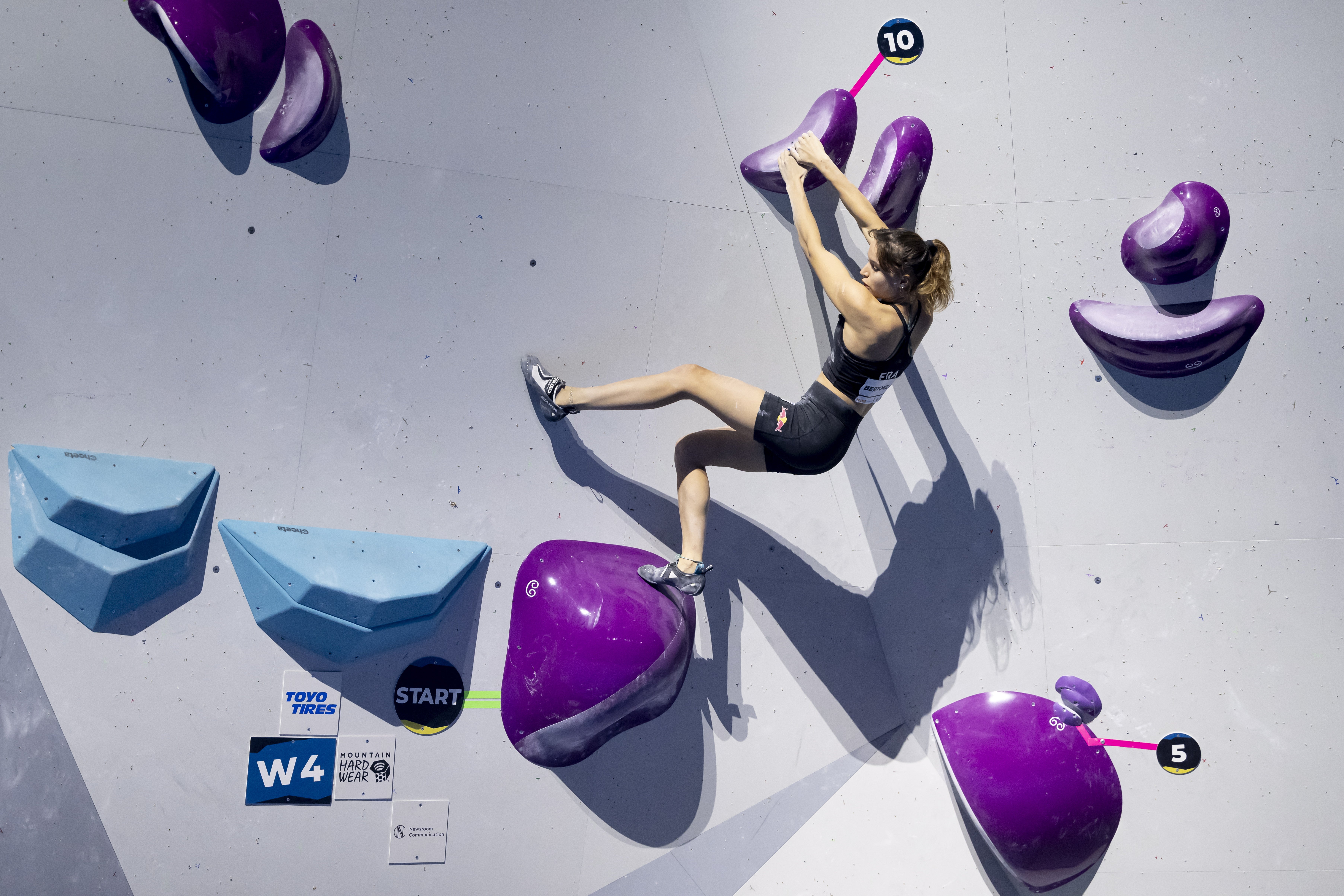 Oriane Bertone of France competes in the Women’s Boulder and Lead final at the IFSC Climbing World Championship 2023, in Bern, Switzerland