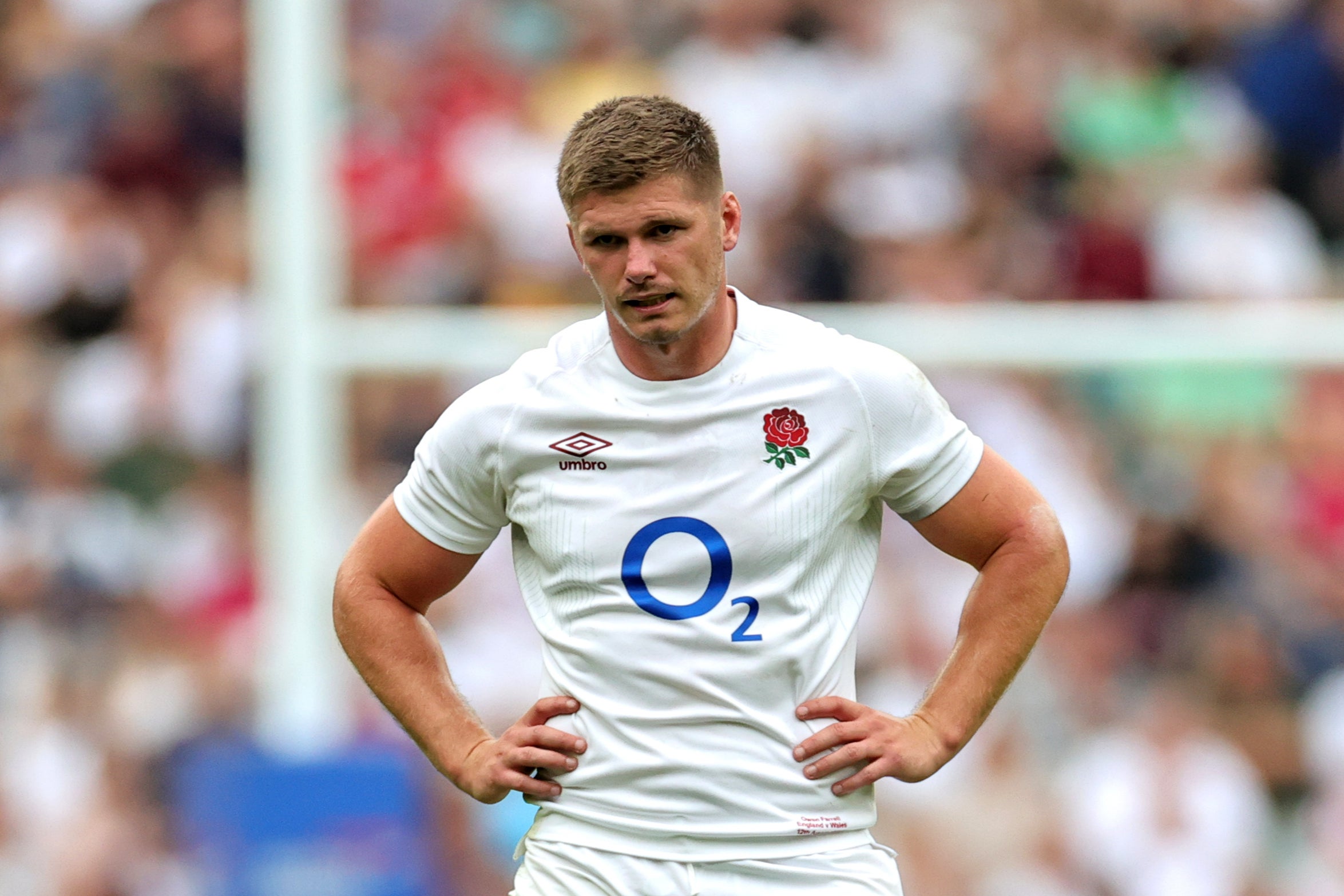 Owen Farrell of England looks dejected after being carded